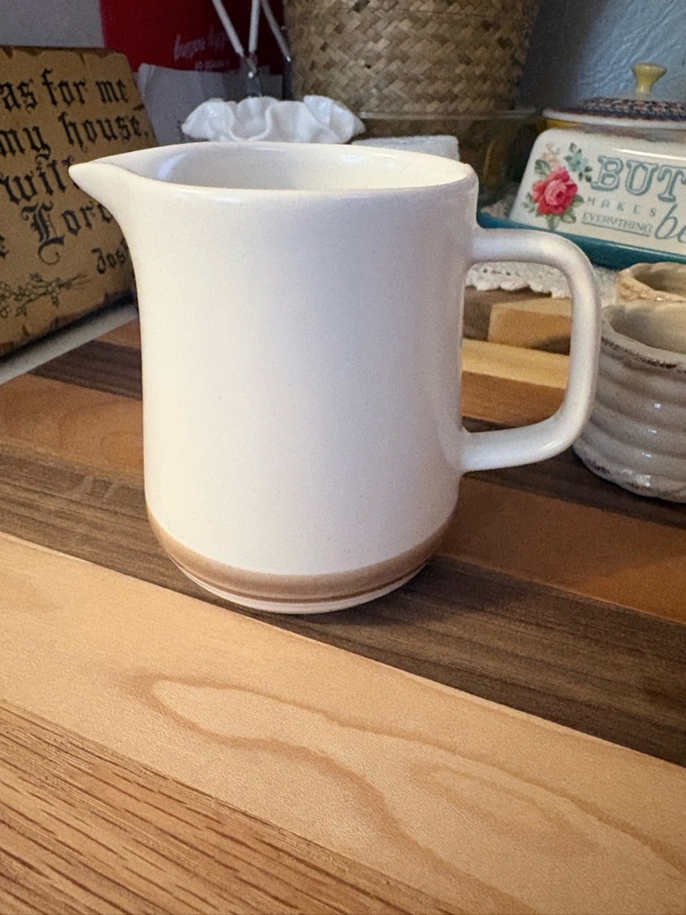 Cream Stoneware Pitcher with Beige Accent - Unbranded